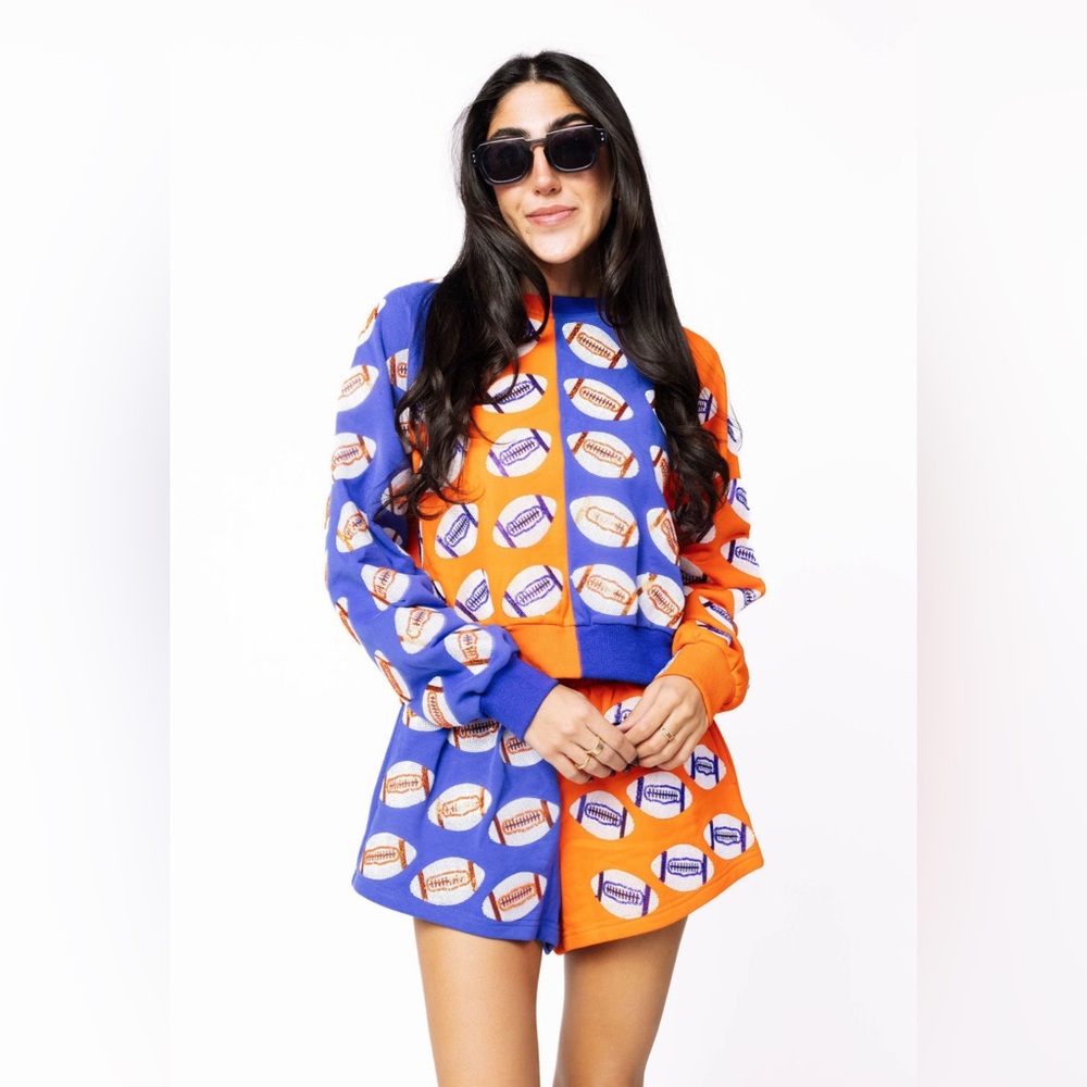 New!QUEEN OF SPARKLES Blue & Orange Sequin Football Sweatshirt & Shorts Set - Picture 9 of 10
